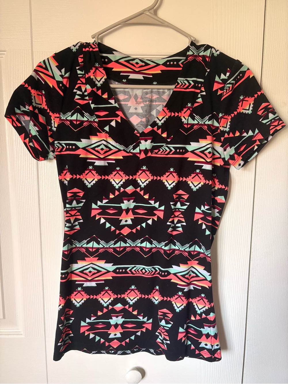 Vanity Black V-Neck Short Sleeve Top with Coral & Mint Aztec Print